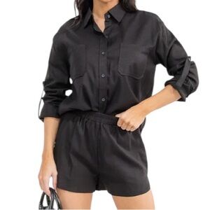 Linen Blend Short SET Black Button Down Tab Tie Sleeve Top Elastic Waist Short